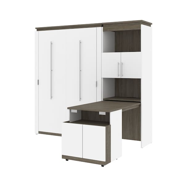 Orion Full Murphy Bed and Shelving Unit with Fold-Out Desk (89W), White & Walnut Grey